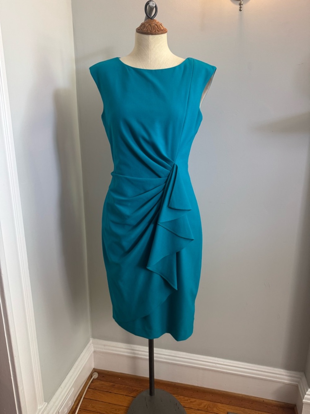 new directions Teal Sleeveless Midi Dress with Draped Side Ruching